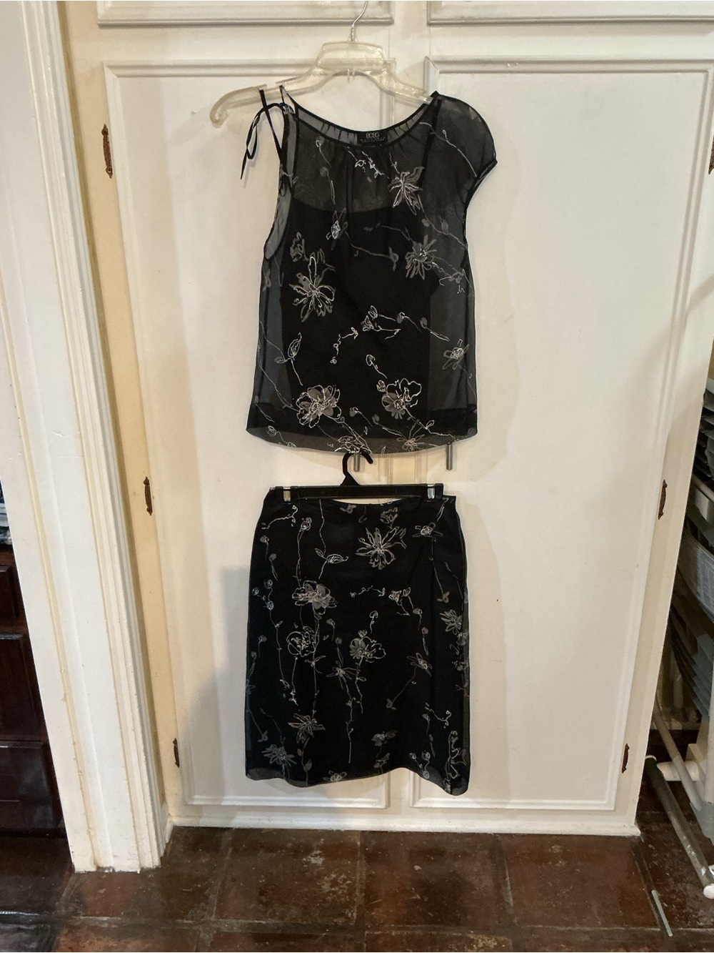 BCBG Black Sheer Floral Two-Piece Skirt Set